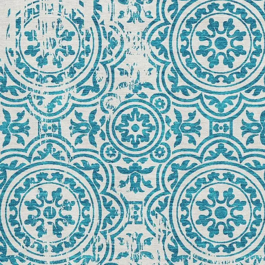 Teal And Ivory Medallion Washable Area Rug With UV Protection Photo 3