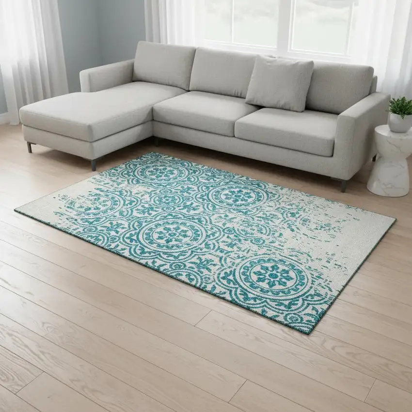 Teal And Ivory Medallion Washable Area Rug With UV Protection Photo 2