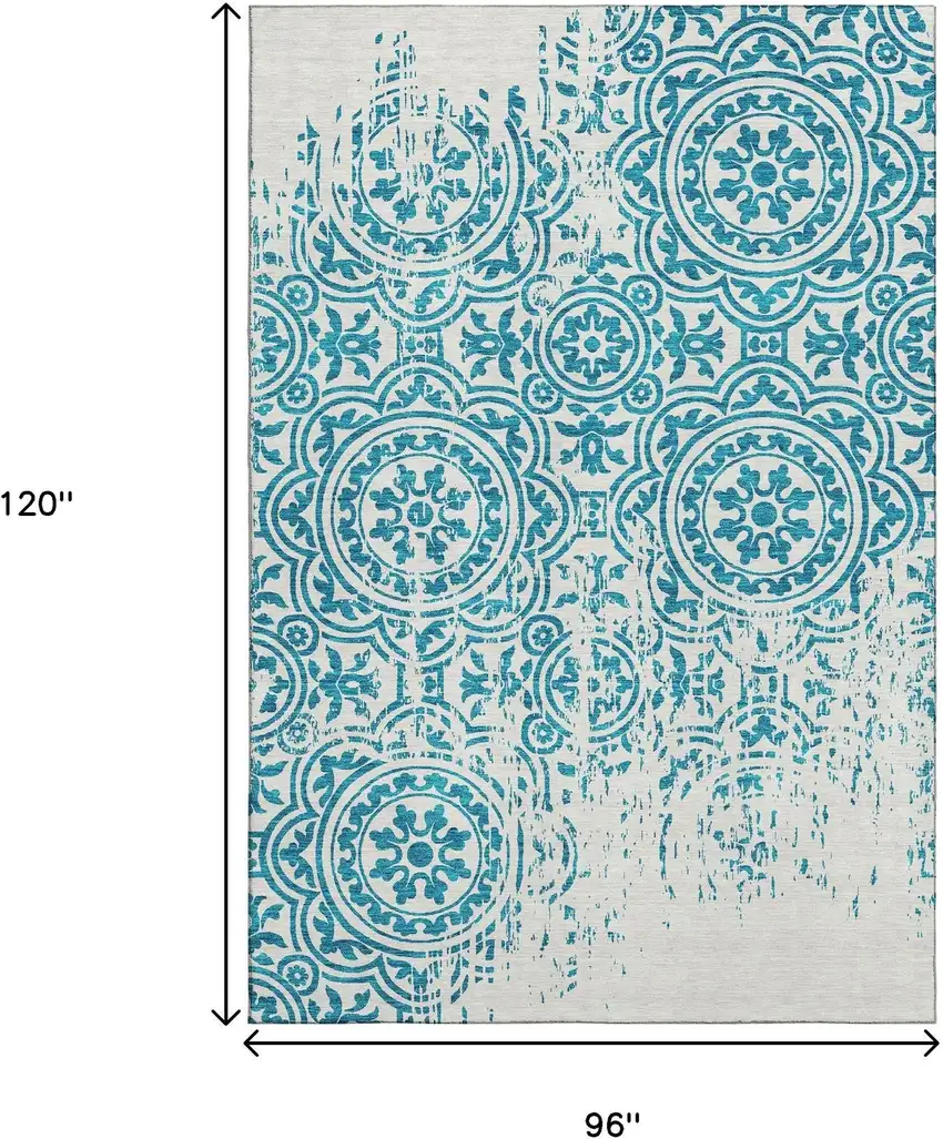 Teal And Ivory Medallion Washable Area Rug With UV Protection Photo 7