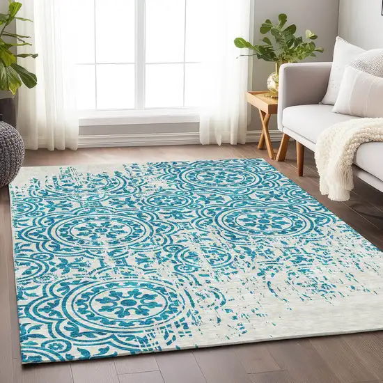 Teal And Ivory Medallion Washable Area Rug With UV Protection Photo 5