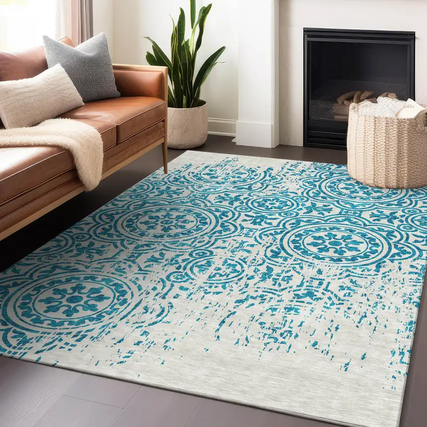 Teal And Ivory Medallion Washable Area Rug With UV Protection Photo 6
