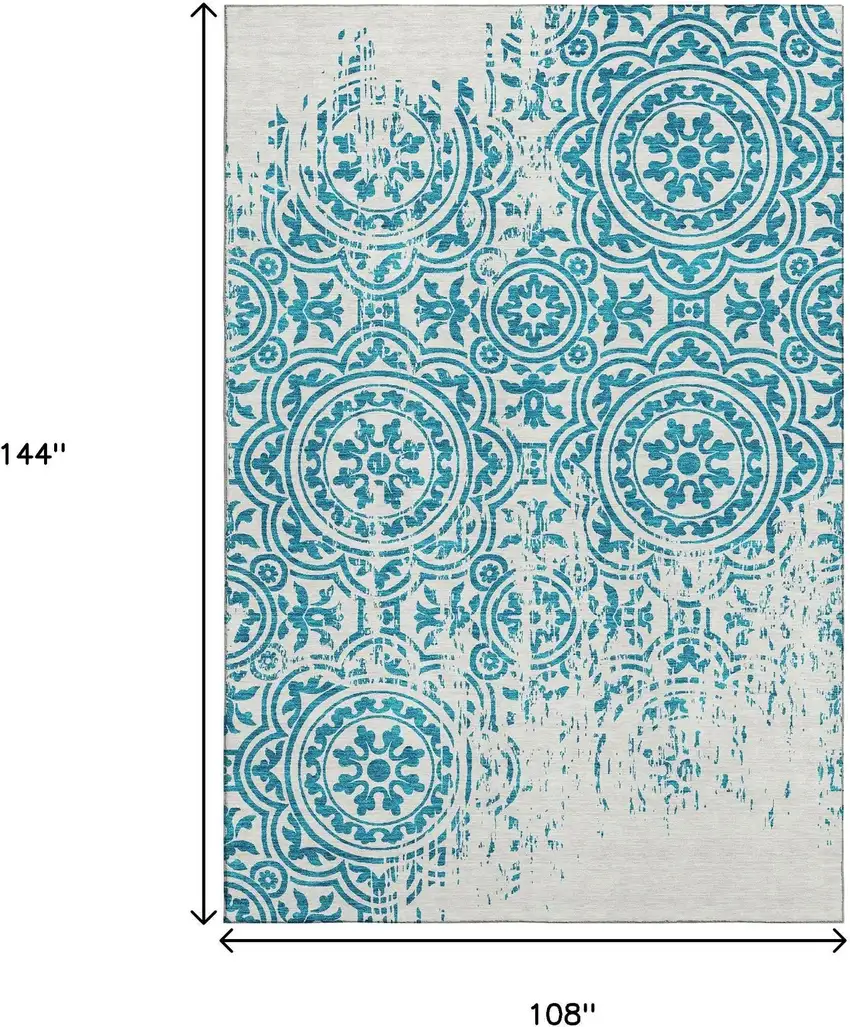 Teal And Ivory Medallion Washable Area Rug With UV Protection Photo 3