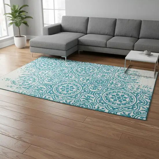 Teal And Ivory Medallion Washable Area Rug With UV Protection Photo 2