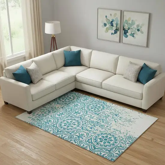 Teal And Ivory Medallion Washable Area Rug With UV Protection Photo 1