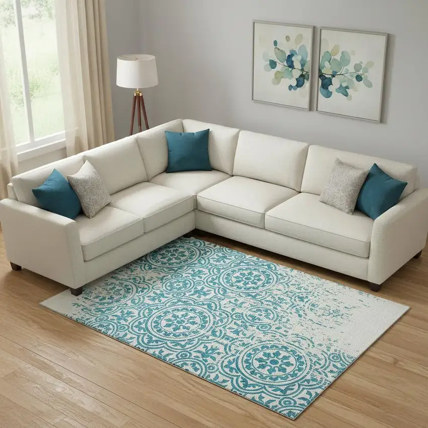 Teal And Ivory Medallion Washable Area Rug With UV Protection Photo 1