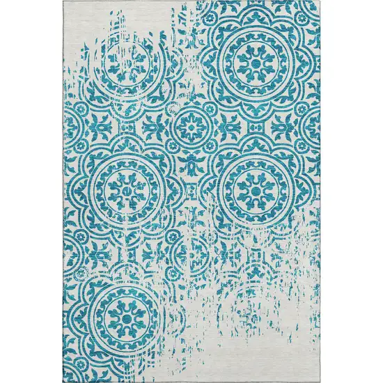 Teal And Ivory Medallion Washable Area Rug With UV Protection Photo 2