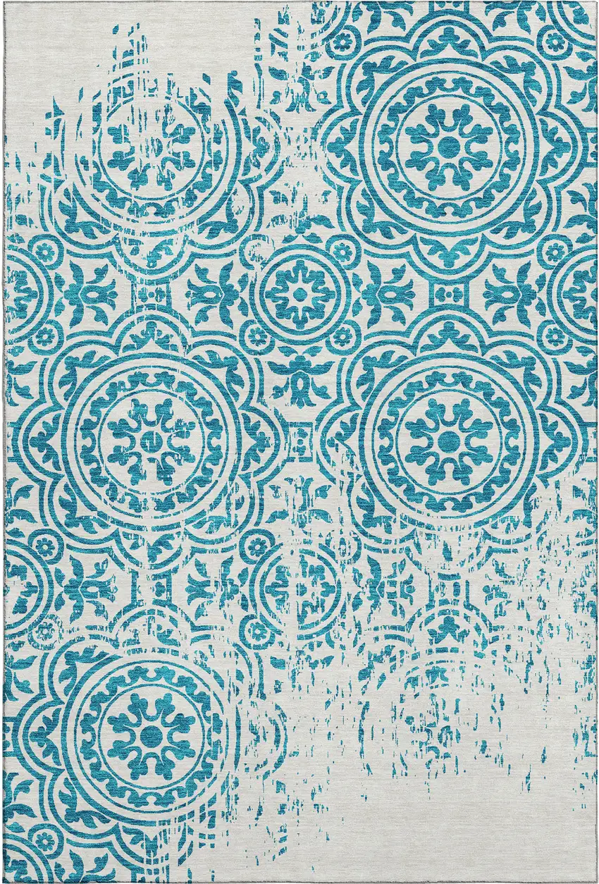 Teal And Ivory Medallion Washable Area Rug With UV Protection Photo 2