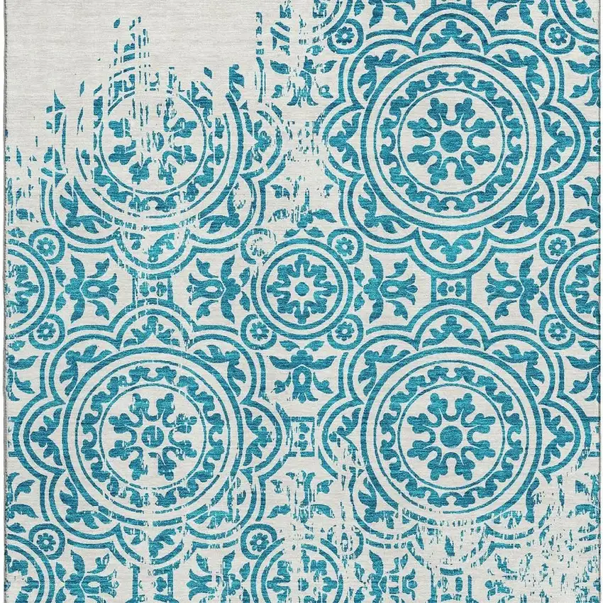 Teal And Ivory Medallion Washable Area Rug With UV Protection Photo 3