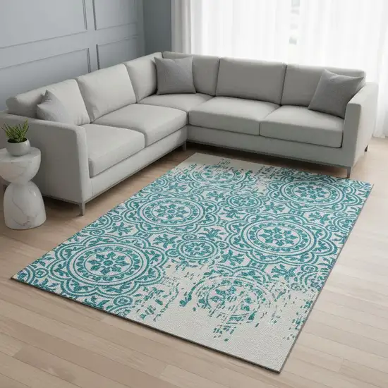 Teal And Ivory Medallion Washable Area Rug With UV Protection Photo 2