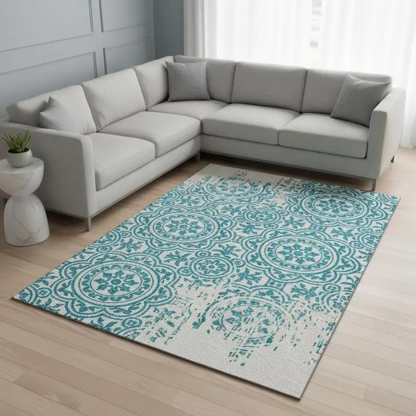 Teal And Ivory Medallion Washable Area Rug With UV Protection Photo 2