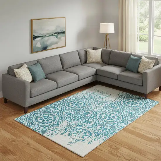 Teal And Ivory Medallion Washable Area Rug With UV Protection Photo 1
