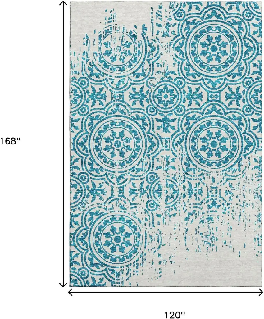 Teal And Ivory Medallion Washable Area Rug With UV Protection Photo 3
