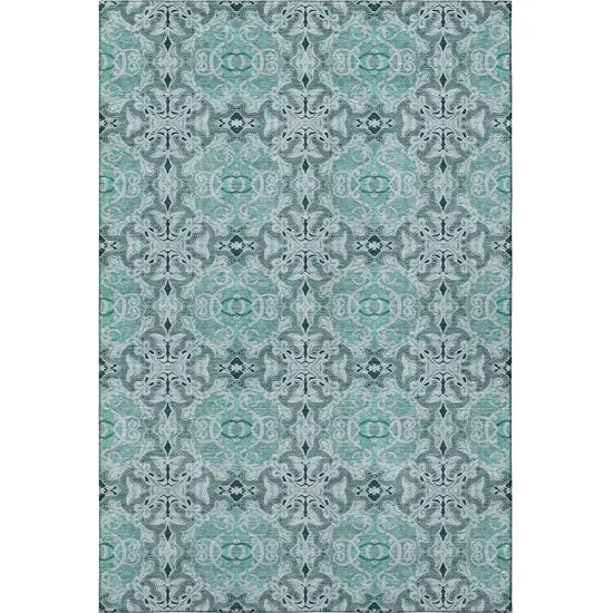 Teal And Ivory Medallion Washable Area Rug With UV Protection Photo 3