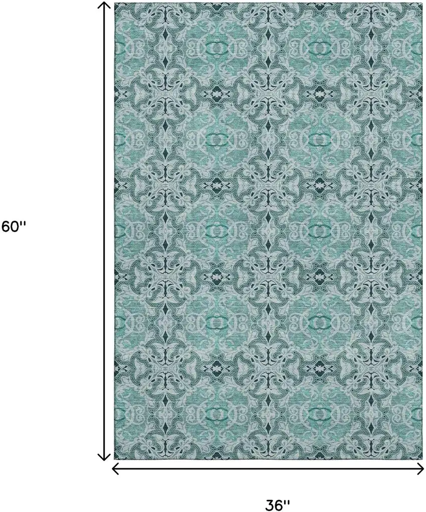 Teal And Ivory Medallion Washable Area Rug With UV Protection Photo 3
