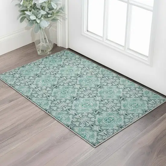 Teal And Ivory Medallion Washable Area Rug With UV Protection Photo 2