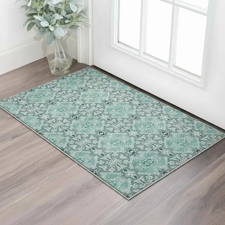 Teal And Ivory Medallion Washable Area Rug With UV Protection Photo 2