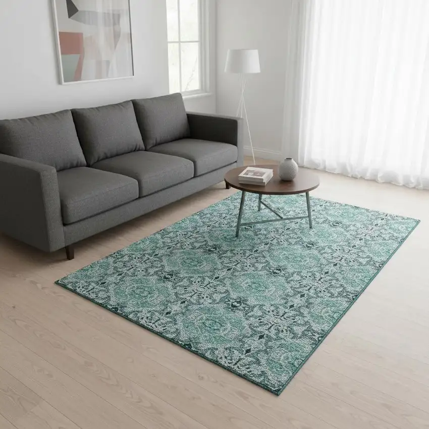 Teal And Ivory Medallion Washable Area Rug With UV Protection Photo 2