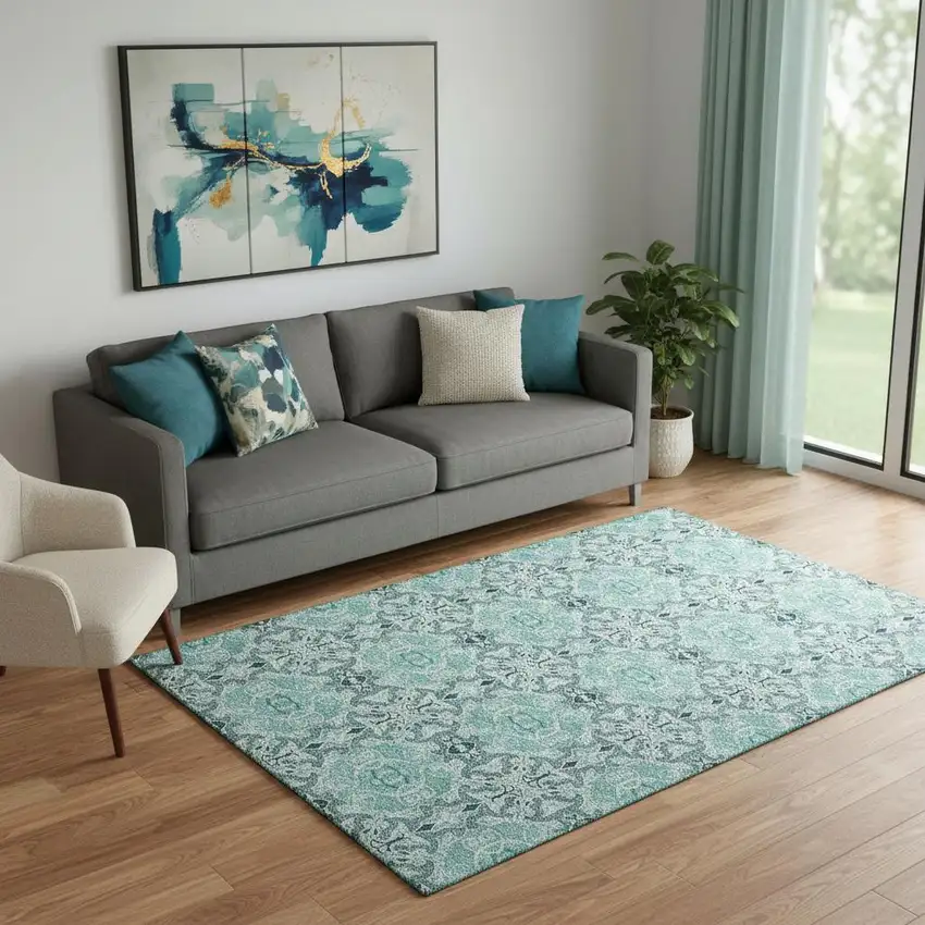 Teal And Ivory Medallion Washable Area Rug With UV Protection Photo 1