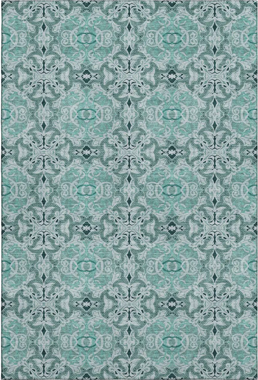 Teal And Ivory Medallion Washable Area Rug With UV Protection Photo 1