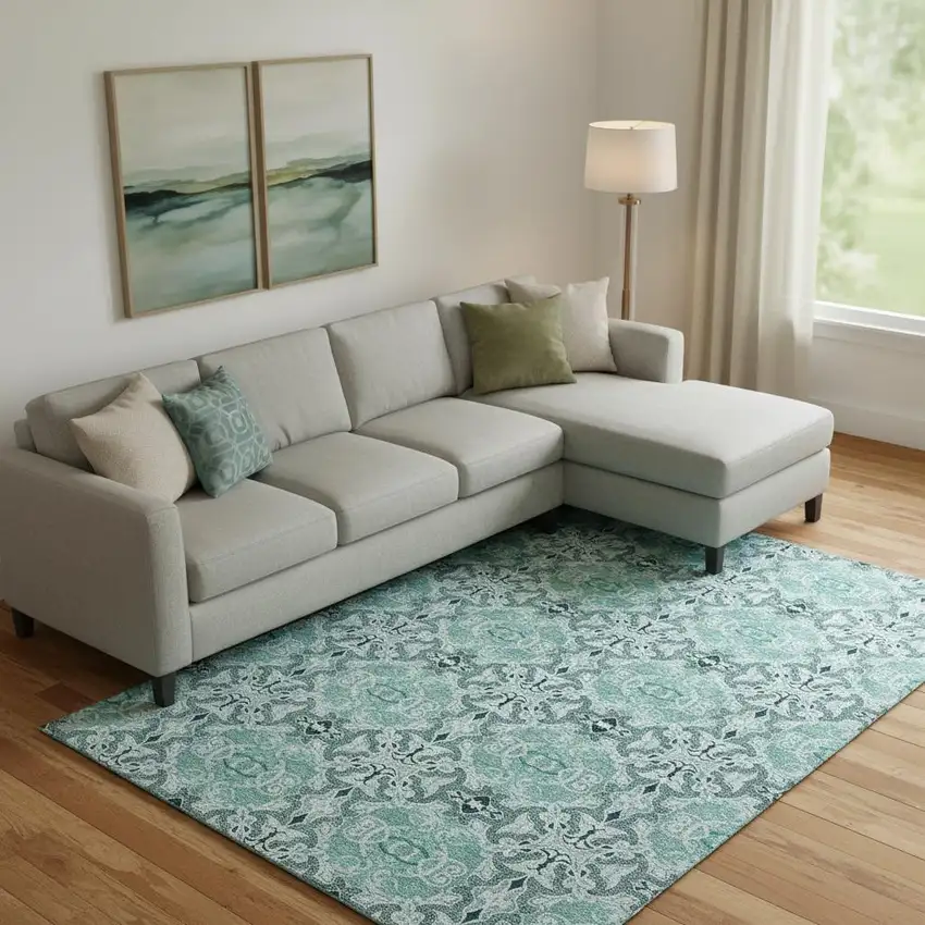 Teal And Ivory Medallion Washable Area Rug With UV Protection Photo 1