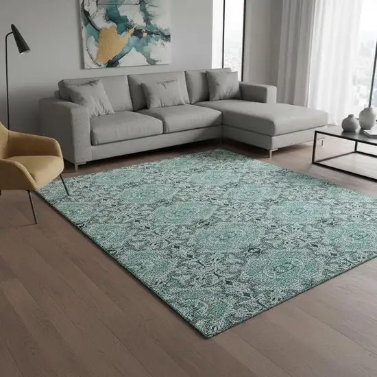 Teal And Ivory Medallion Washable Area Rug With UV Protection Photo 2