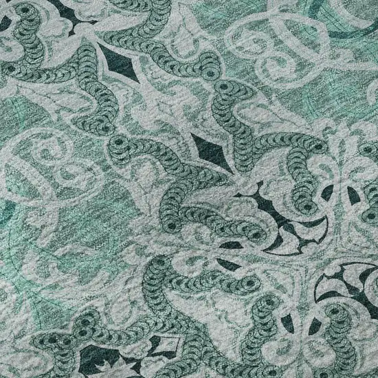 Teal And Ivory Medallion Washable Area Rug With UV Protection Photo 8