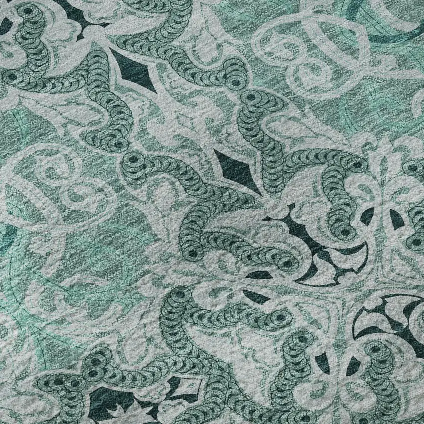 Teal And Ivory Medallion Washable Area Rug With UV Protection Photo 8