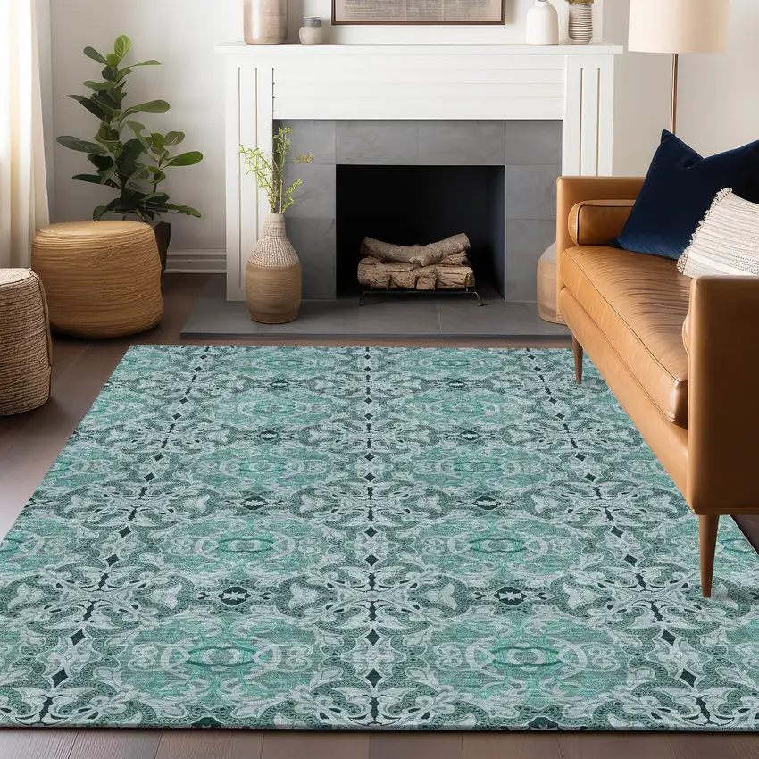 Teal And Ivory Medallion Washable Area Rug With UV Protection Photo 6