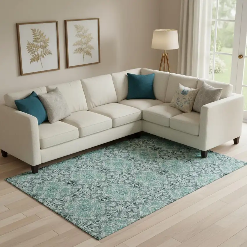 Teal And Ivory Medallion Washable Area Rug With UV Protection Photo 1