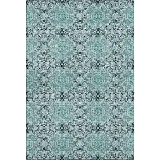 Teal And Ivory Medallion Washable Area Rug With UV Protection Photo 1