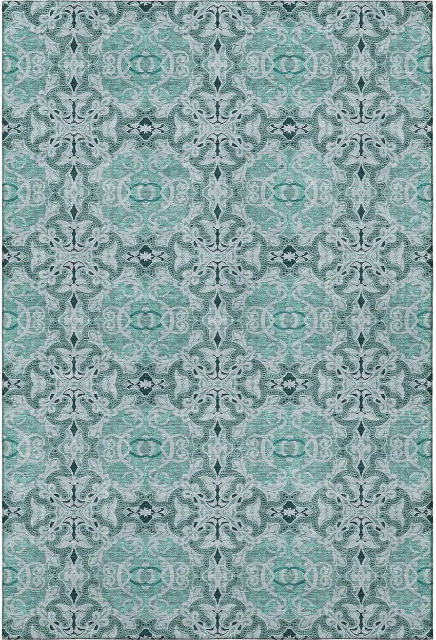 Teal And Ivory Medallion Washable Area Rug With UV Protection Photo 4