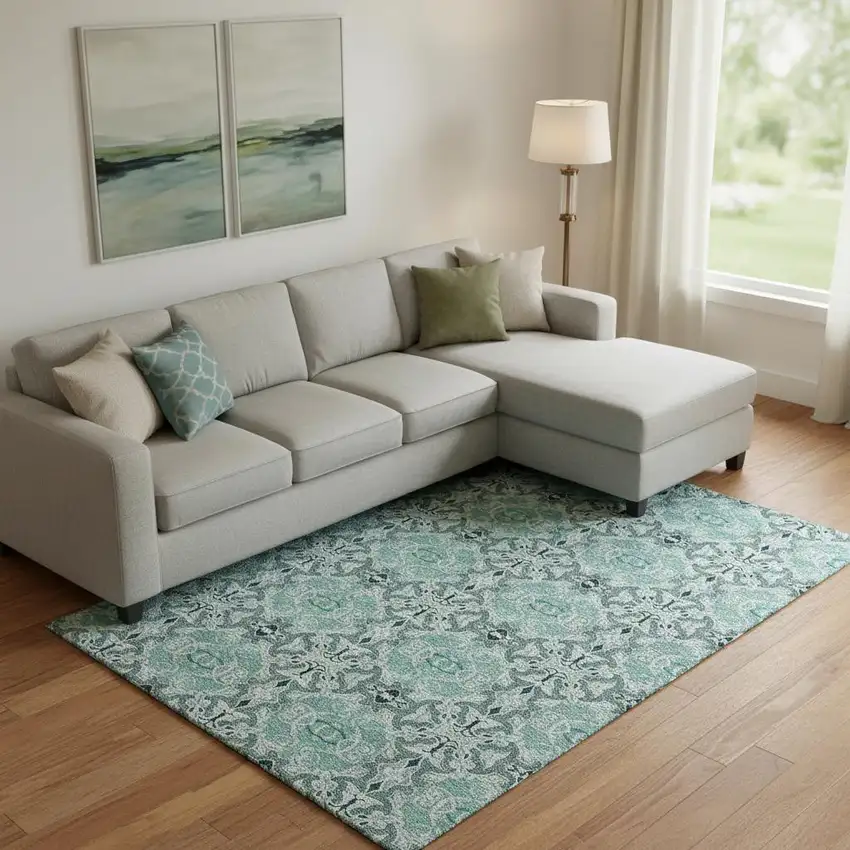 Teal And Ivory Medallion Washable Area Rug With UV Protection Photo 1