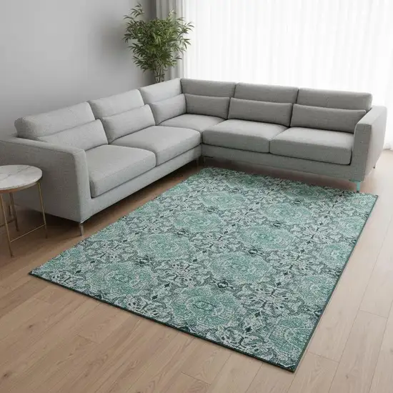 Teal And Ivory Medallion Washable Area Rug With UV Protection Photo 2