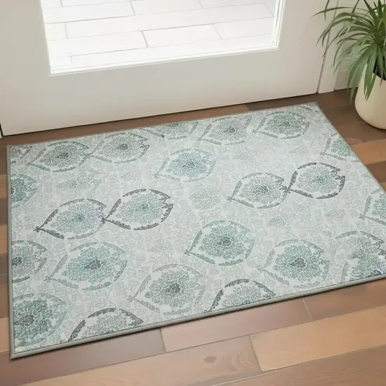 Teal And Ivory Medallion Washable Area Rug With UV Protection Photo 2