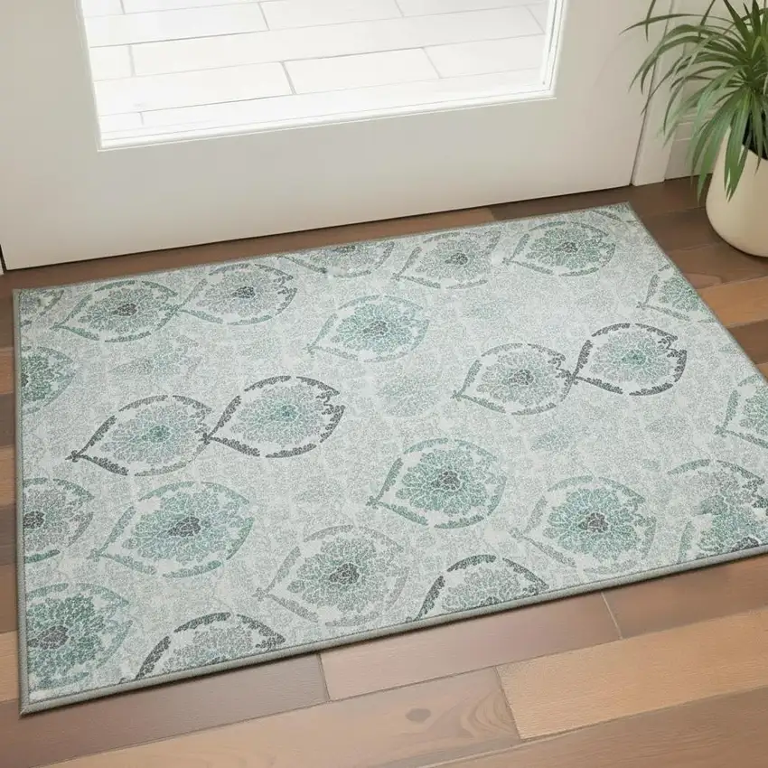 Teal And Ivory Medallion Washable Area Rug With UV Protection Photo 2