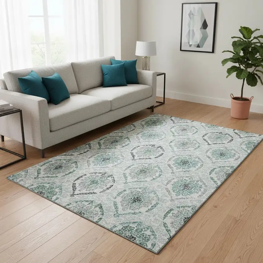 Teal And Ivory Medallion Washable Area Rug With UV Protection Photo 2