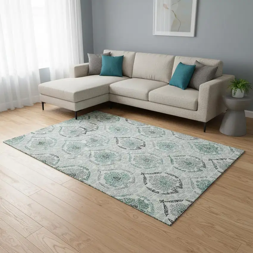 Teal And Ivory Medallion Washable Area Rug With UV Protection Photo 2