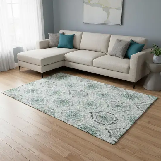 Teal And Ivory Medallion Washable Area Rug With UV Protection Photo 2