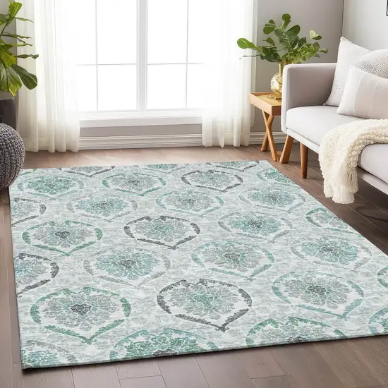 Teal And Ivory Medallion Washable Area Rug With UV Protection Photo 6
