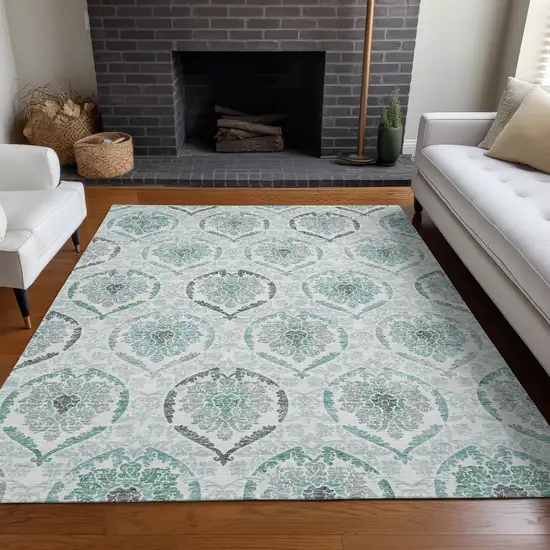 Teal And Ivory Medallion Washable Area Rug With UV Protection Photo 5