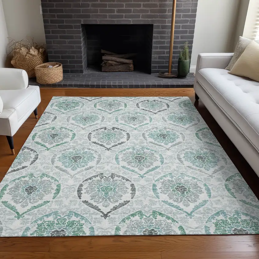 Teal And Ivory Medallion Washable Area Rug With UV Protection Photo 5