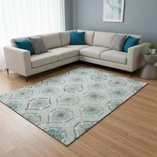 Teal And Ivory Medallion Washable Area Rug With UV Protection Photo 2