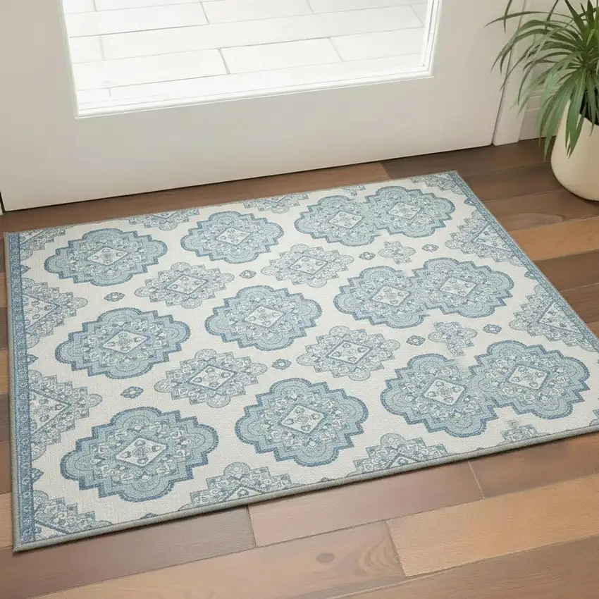 Teal And Ivory Medallion Washable Area Rug With UV Protection Photo 2