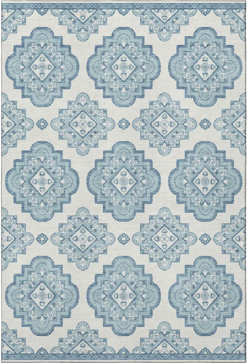 Teal And Ivory Medallion Washable Area Rug With UV Protection Photo 4