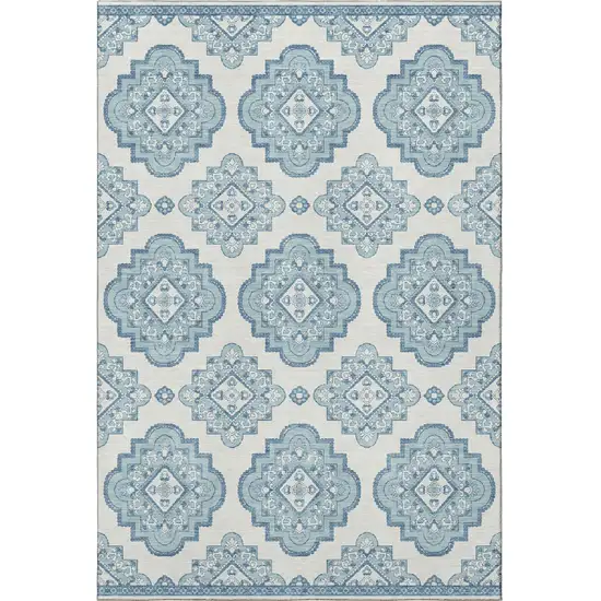 Teal And Ivory Medallion Washable Area Rug With UV Protection Photo 4