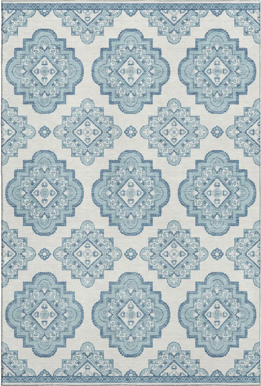 Teal And Ivory Medallion Washable Area Rug With UV Protection Photo 2