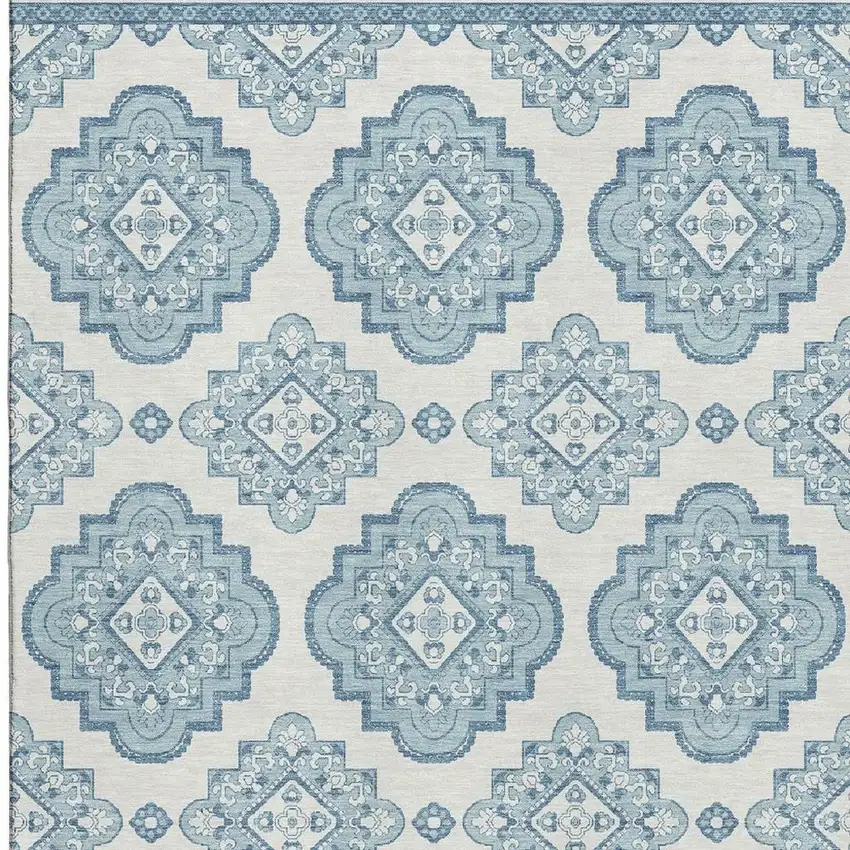 Teal And Ivory Medallion Washable Area Rug With UV Protection Photo 4