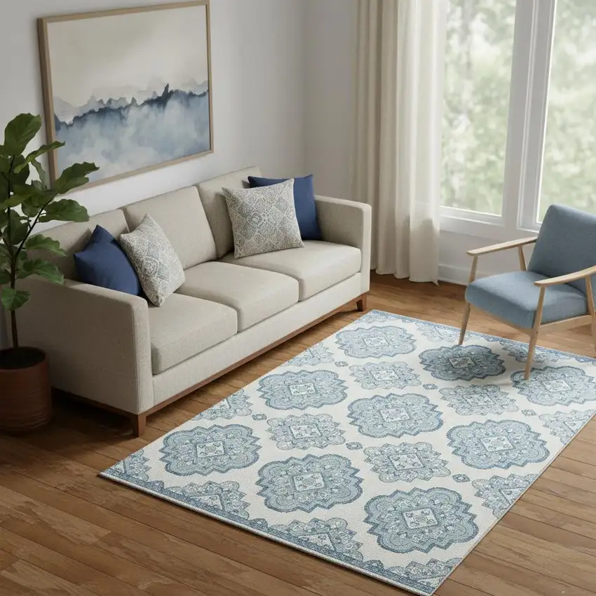 Teal And Ivory Medallion Washable Area Rug With UV Protection Photo 1