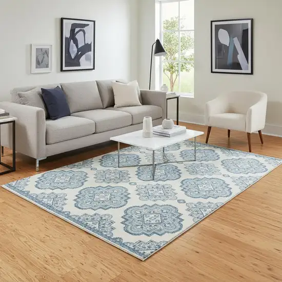 Teal And Ivory Medallion Washable Area Rug With UV Protection Photo 2