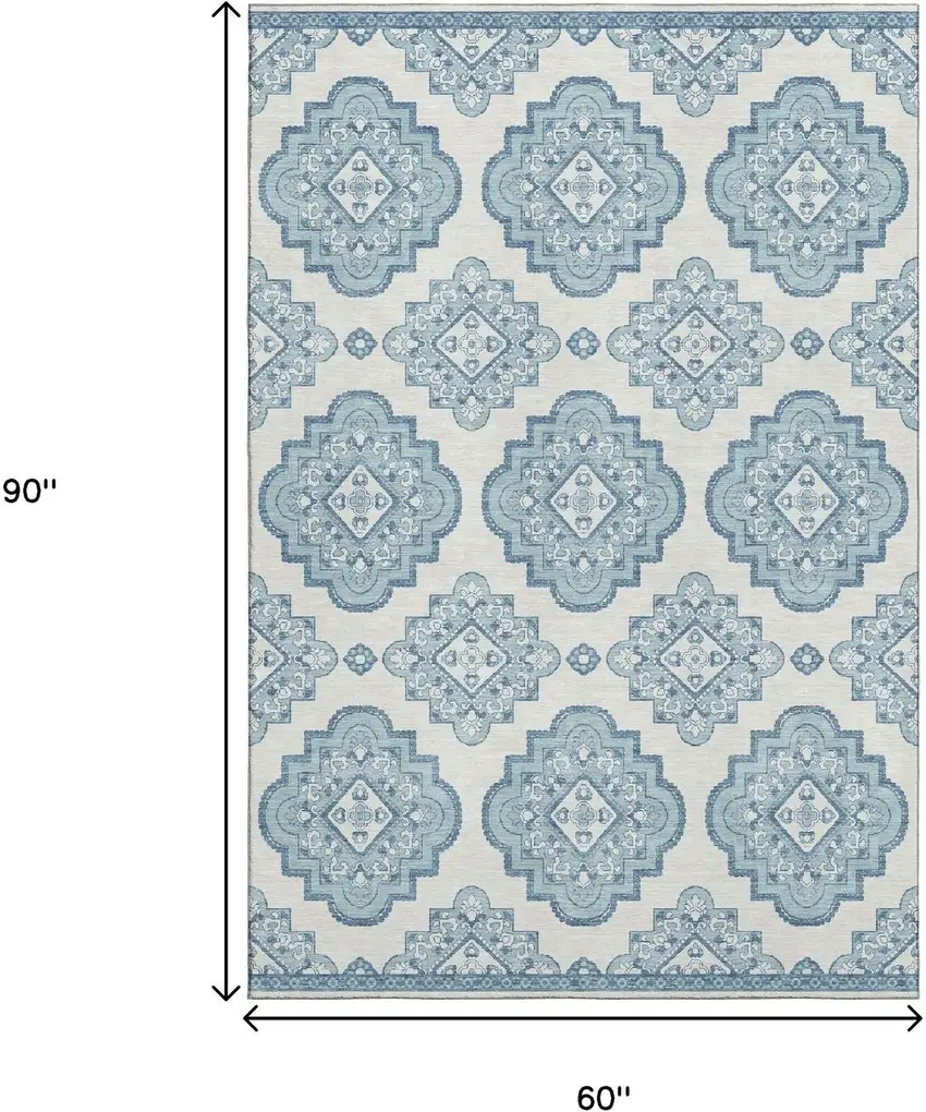 Teal And Ivory Medallion Washable Area Rug With UV Protection Photo 9